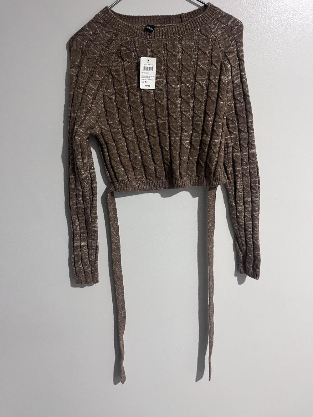Windsor Sweater Womens S Brown Cable-Knit Cropped Strap Pullover Tie Waist